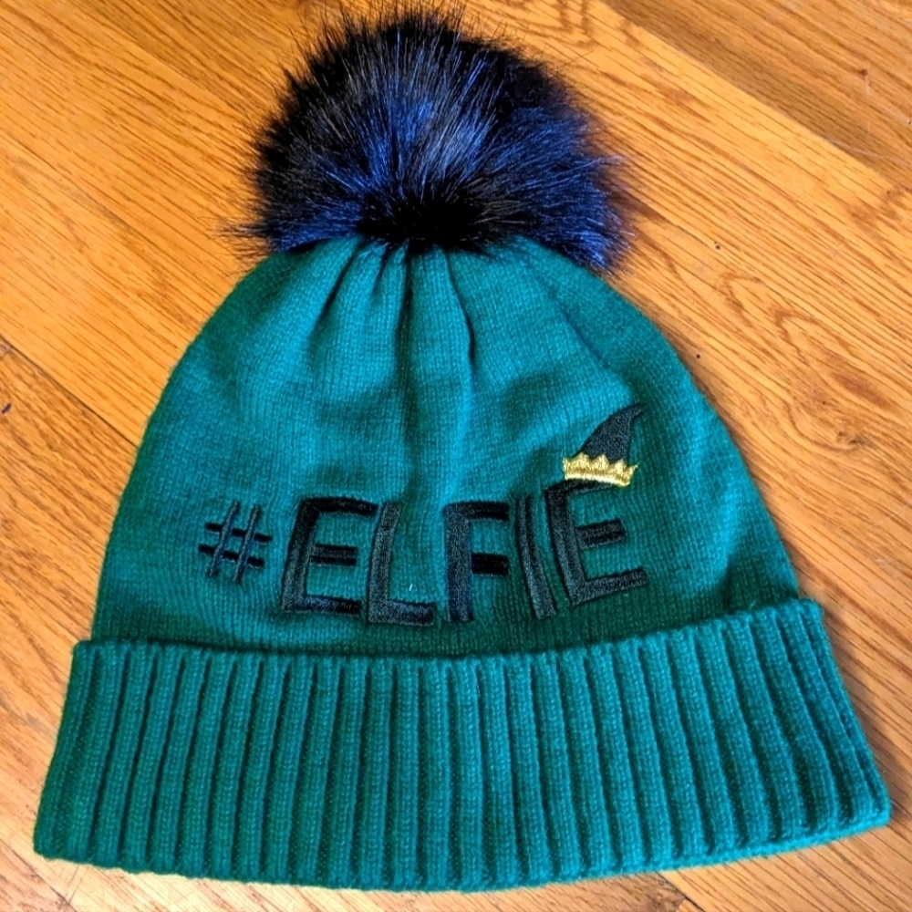 #Elfie Green Holiday Christmas Winter Knitted Beanie Hat with Faux Fur Pom Pom